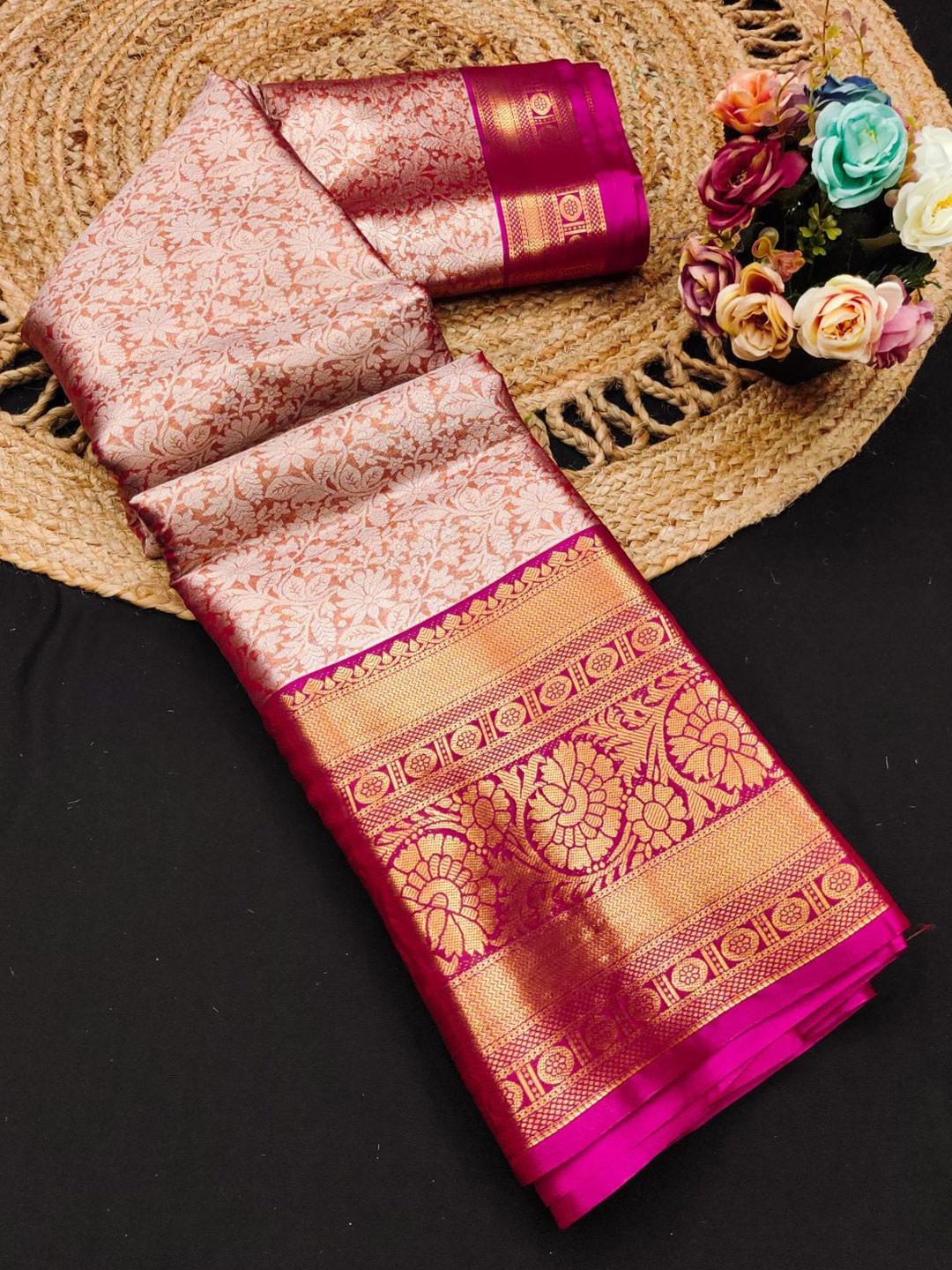 

yourwish Floral Zari Pure Silk Kanjeevaram Saree, Orange