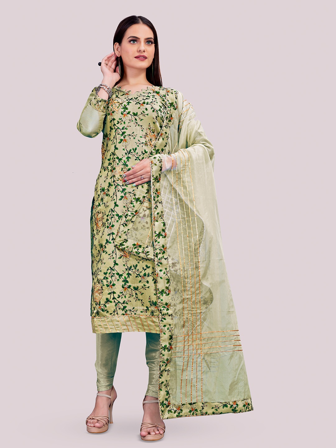 

HERE&NOW Floral Printed Thread Work Unstitched Dress Material, Olive