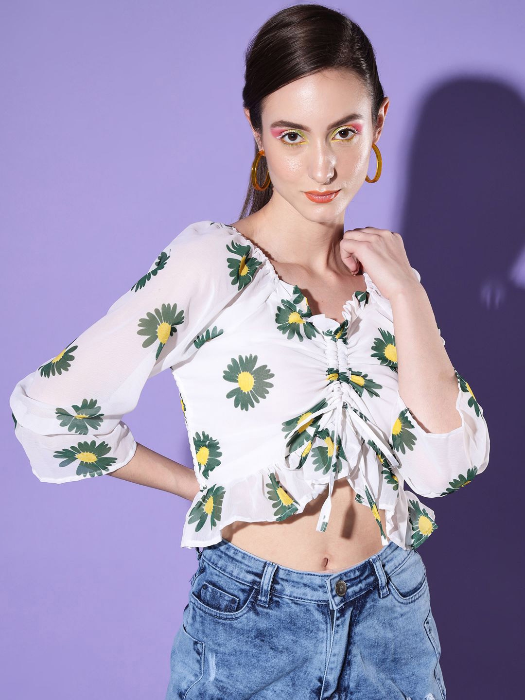 

DIMPY GARMENTS Floral Print Georgette Crop Top, Green