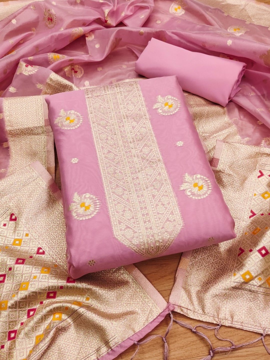 

Rangtulika Ethnics Motifs Woven Design Organza Unstitched Dress Material, Pink