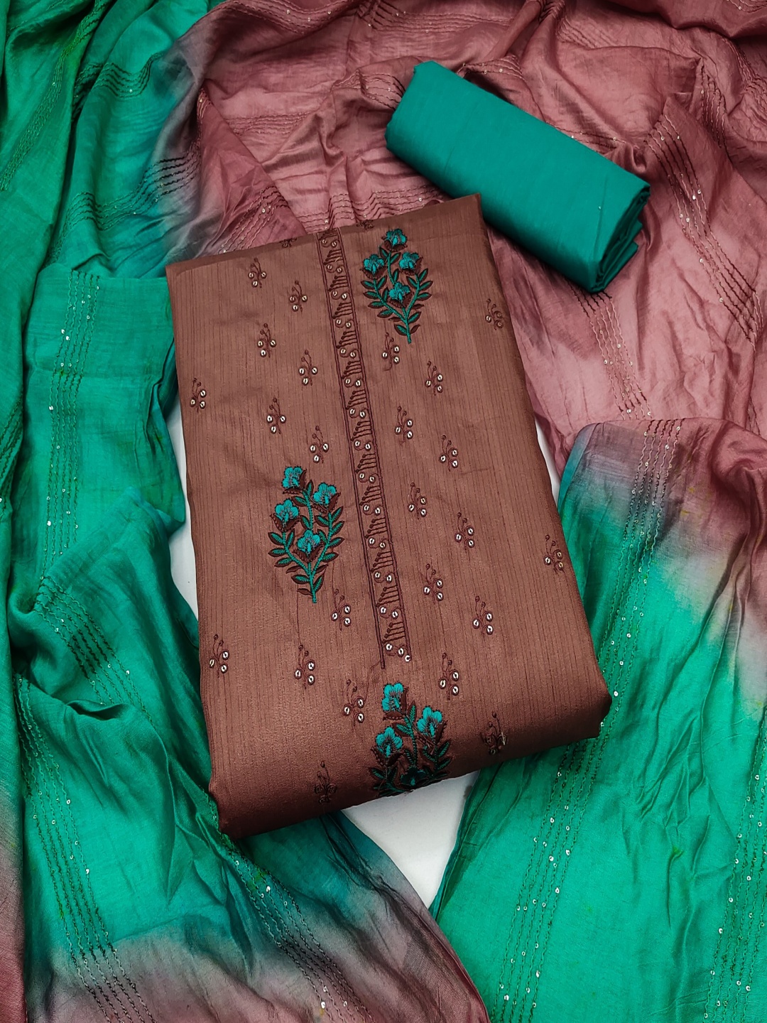 

Rangtulika Ethnics Floral Embroidered Sequinned Unstitched Dress Material, Brown