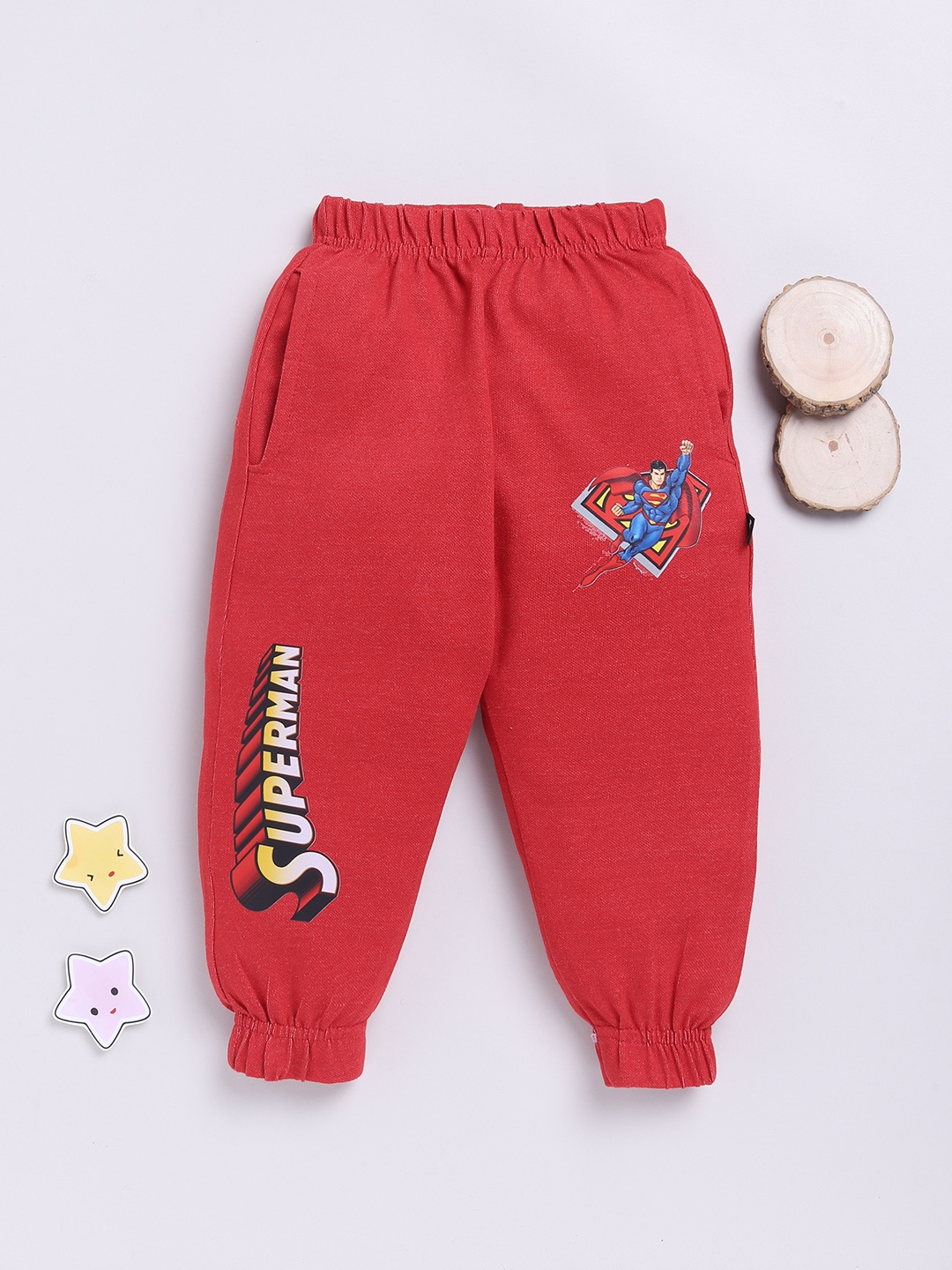 

YK X Minute Mirth Boys Pure Cotton Superman Printed Relaxed Fit Joggers, Red