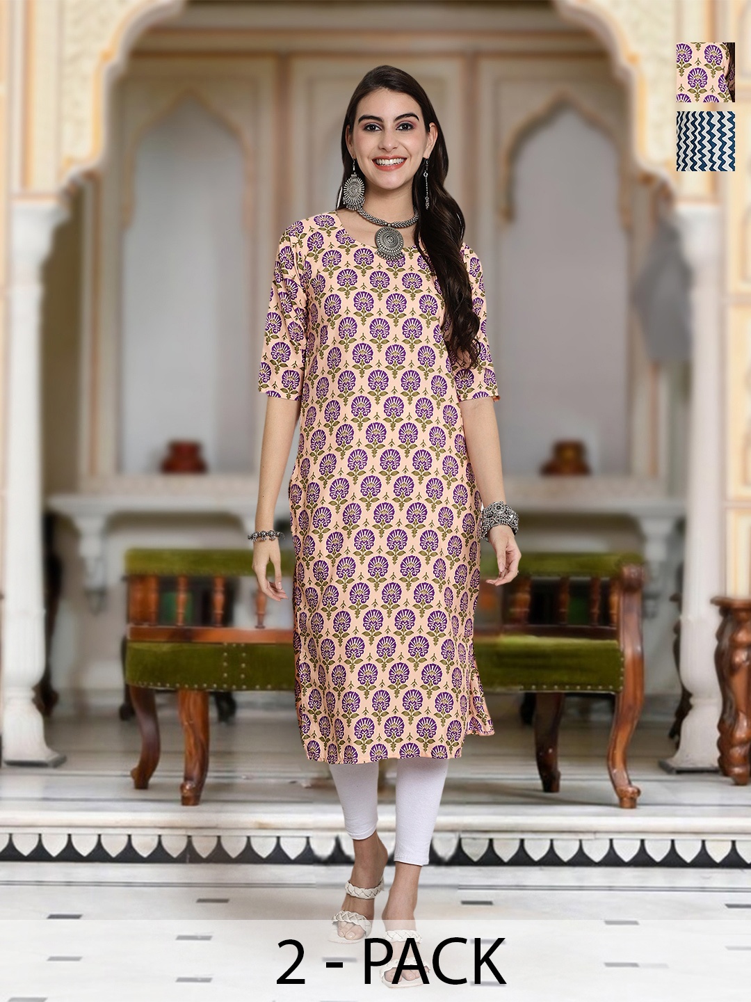 

Moda Rapido Selection Of 2 Floral Printed Round Neck Straight Kurtas, Peach