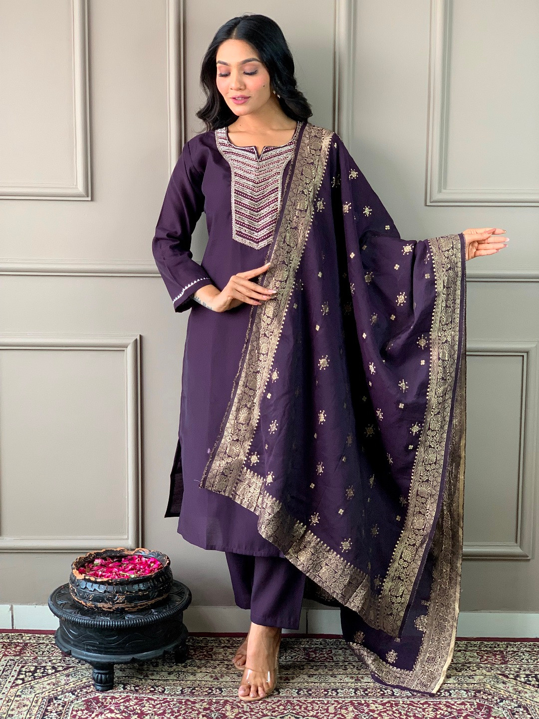 

Shatanuvart Export Women Floral Embroidered Regular Kurta with Palazzos & With Dupatta, Purple