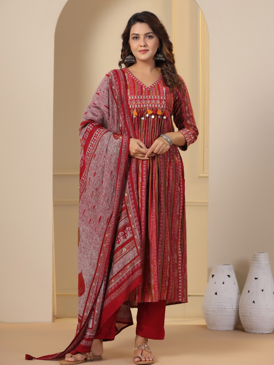 

Sindh Fashion Women Embroidered Panelled Sequinned Kurta with Trousers & With Dupatta, Maroon