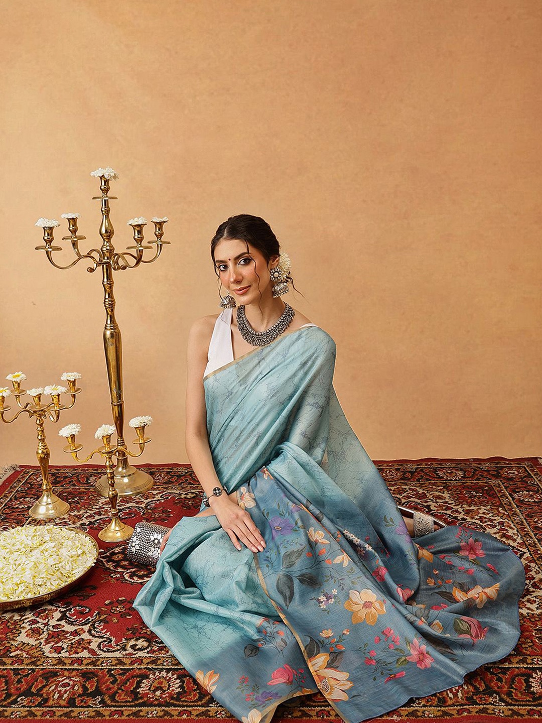 

Silk Land Floral Chnaderi Cotton Digital Print Saree, Blue