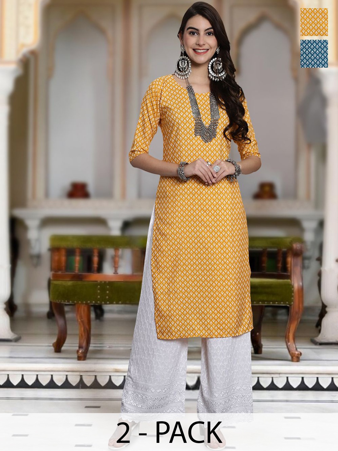 

Moda Rapido Selection Of 2 Geometric Printed Round Neck Straight Kurta, Yellow