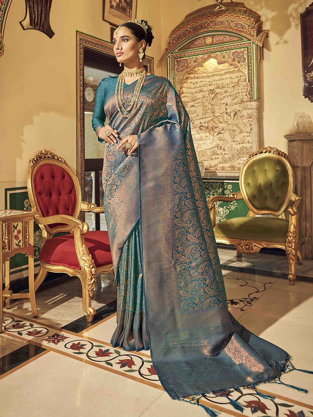 

Blissta Woven Design Zari Silk Blend Kanjeevaram Saree, Teal