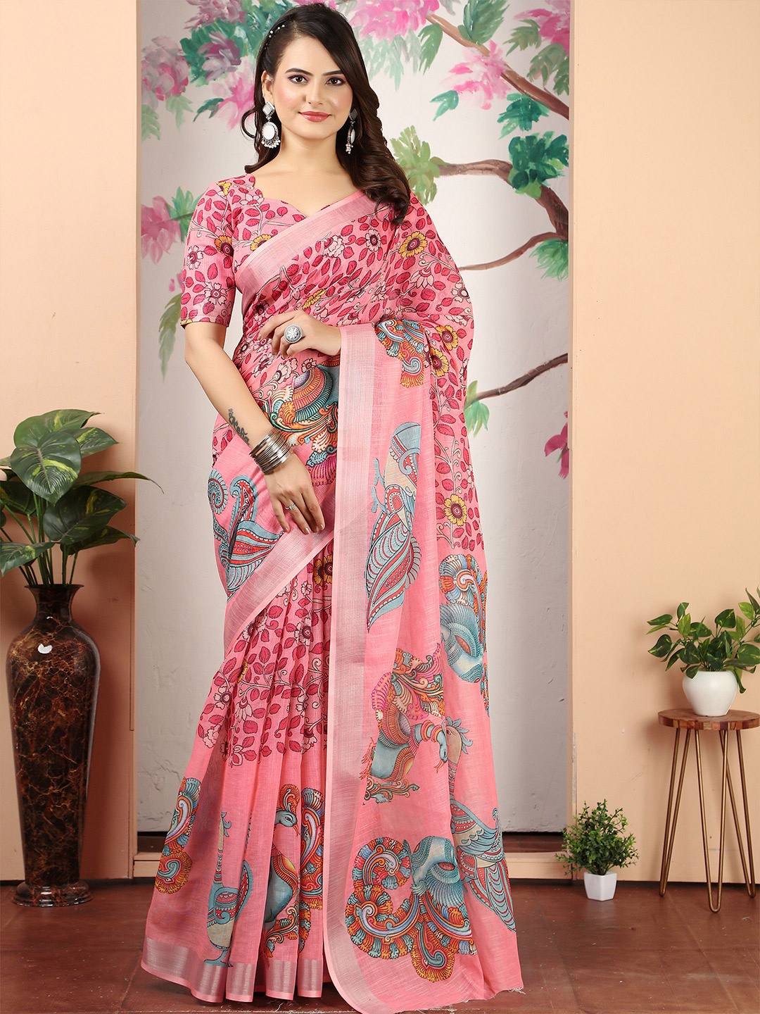 

Anouk Kalamkari Zari Linen Blend Saree, Pink