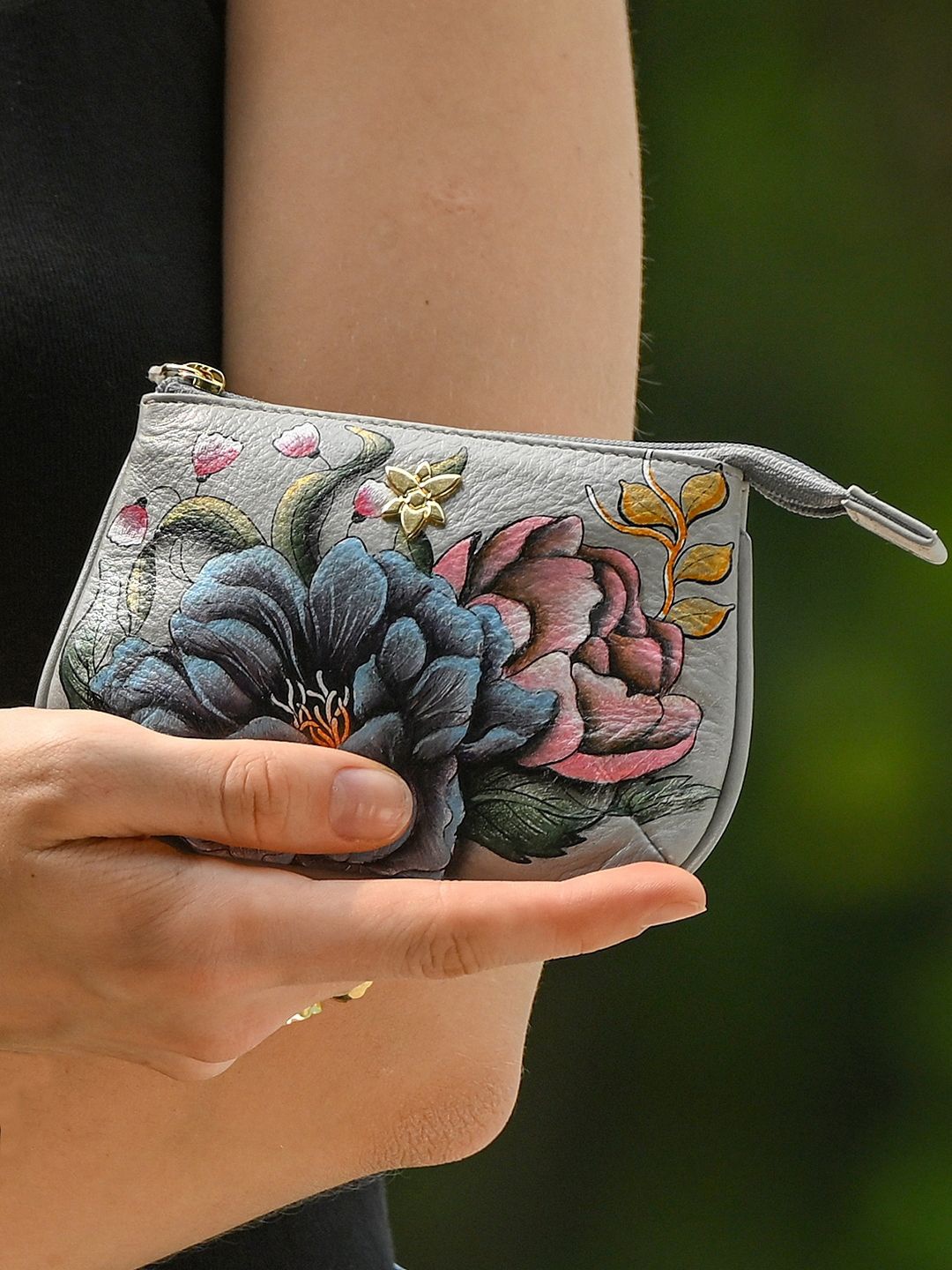 

Anuschka Hand Painted Ethereal Garden Leather Medium Zip Pouch, Grey