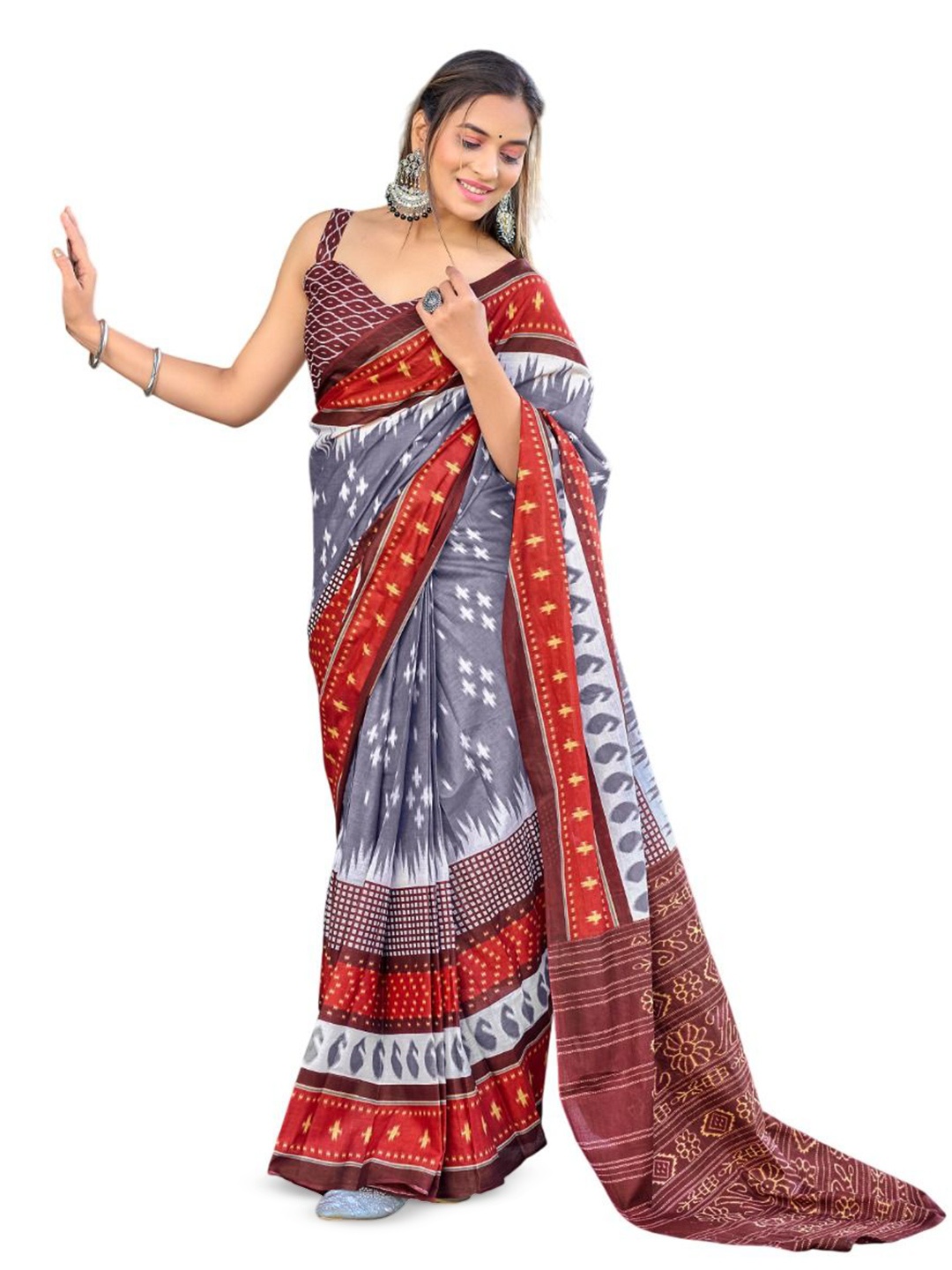 

HMP Fashion Batik Ikat Saree, Grey