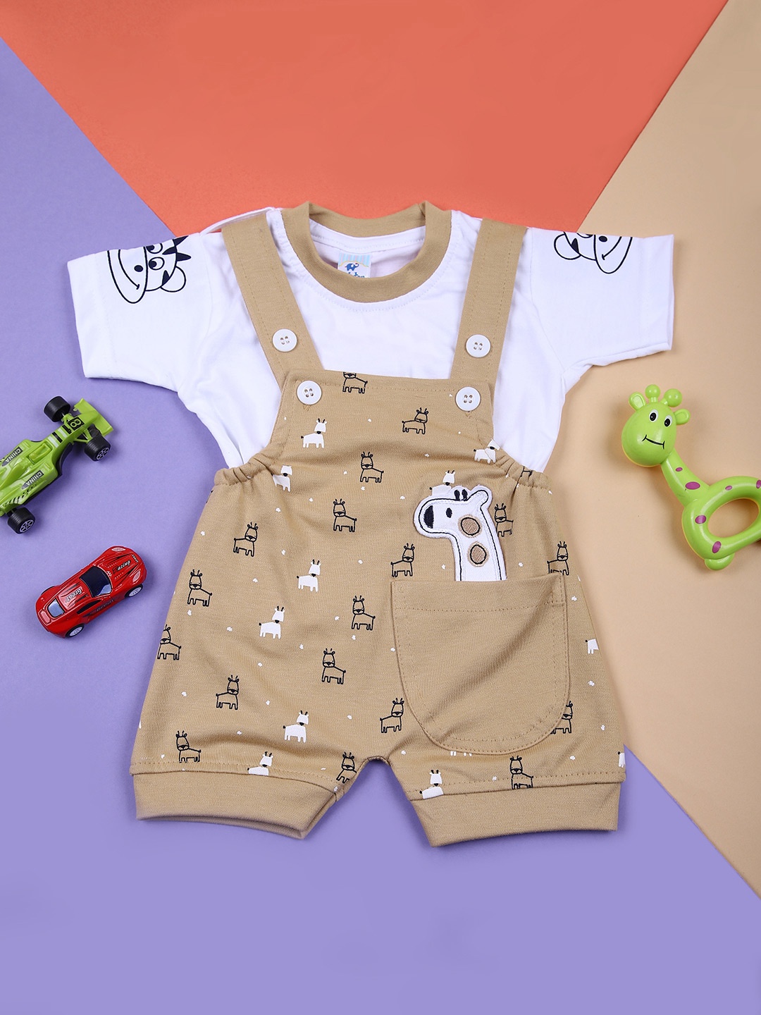 

V-Mart Infant Boys Printed Cotton Dungarees With T-Shirt, Beige