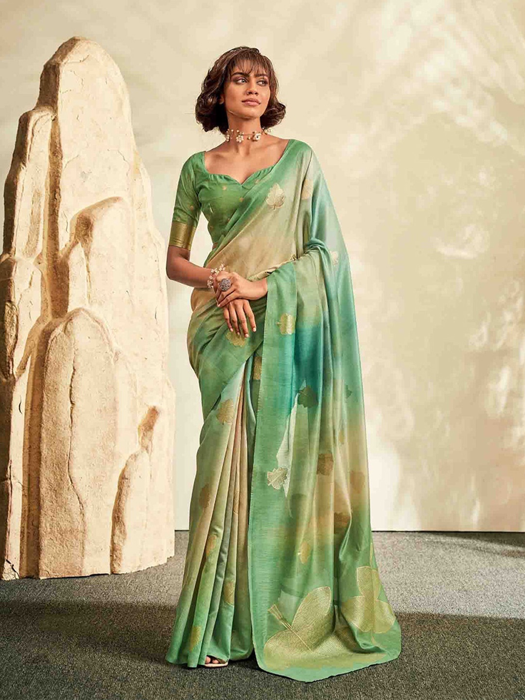 

KIMISHA Woven Design Zari Silk Blend Saree, Sea green