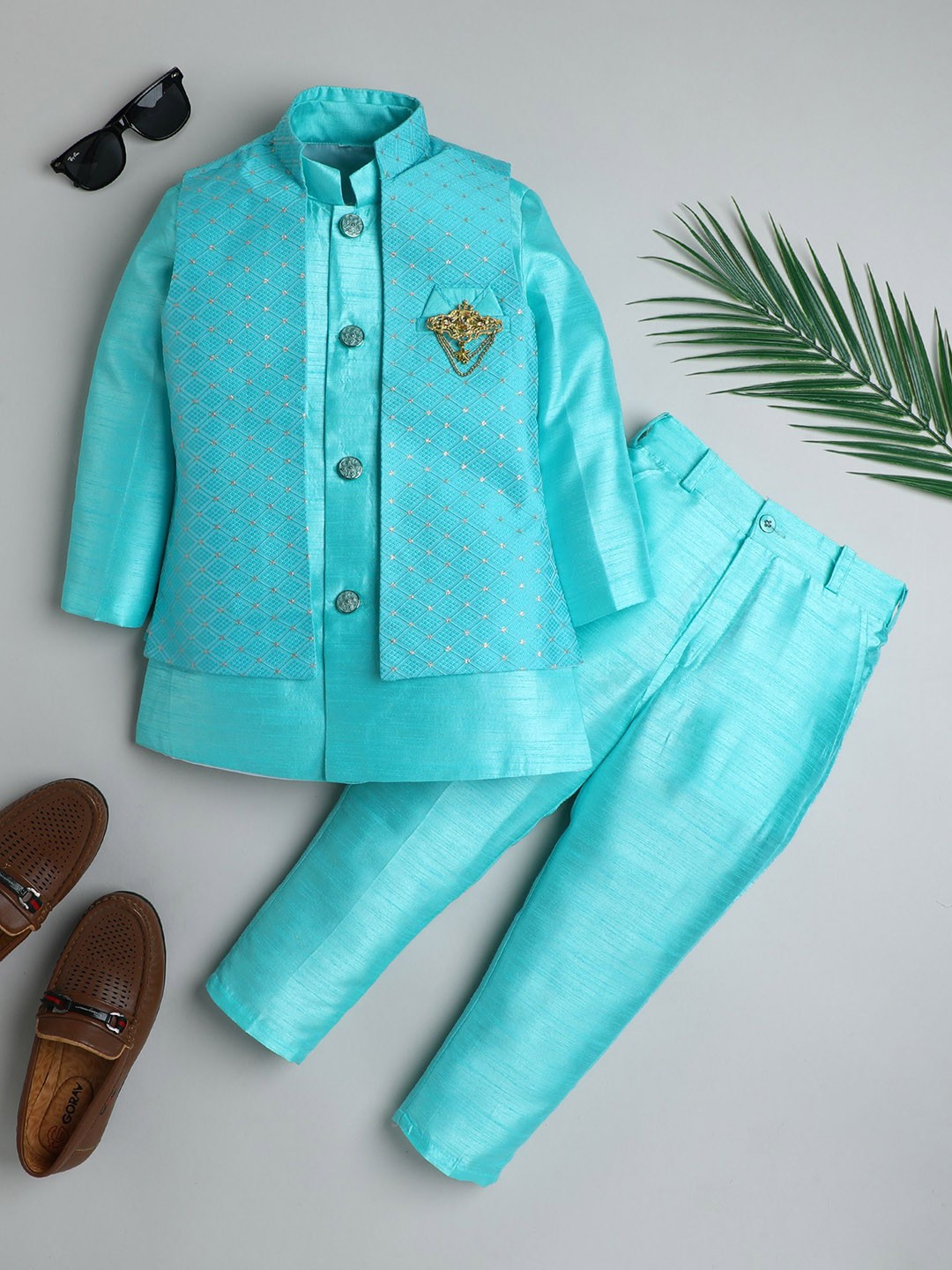 

ahhaaaa Boys Embroidered Regular Dupion Silk Kurta with Pyjamas, Turquoise blue