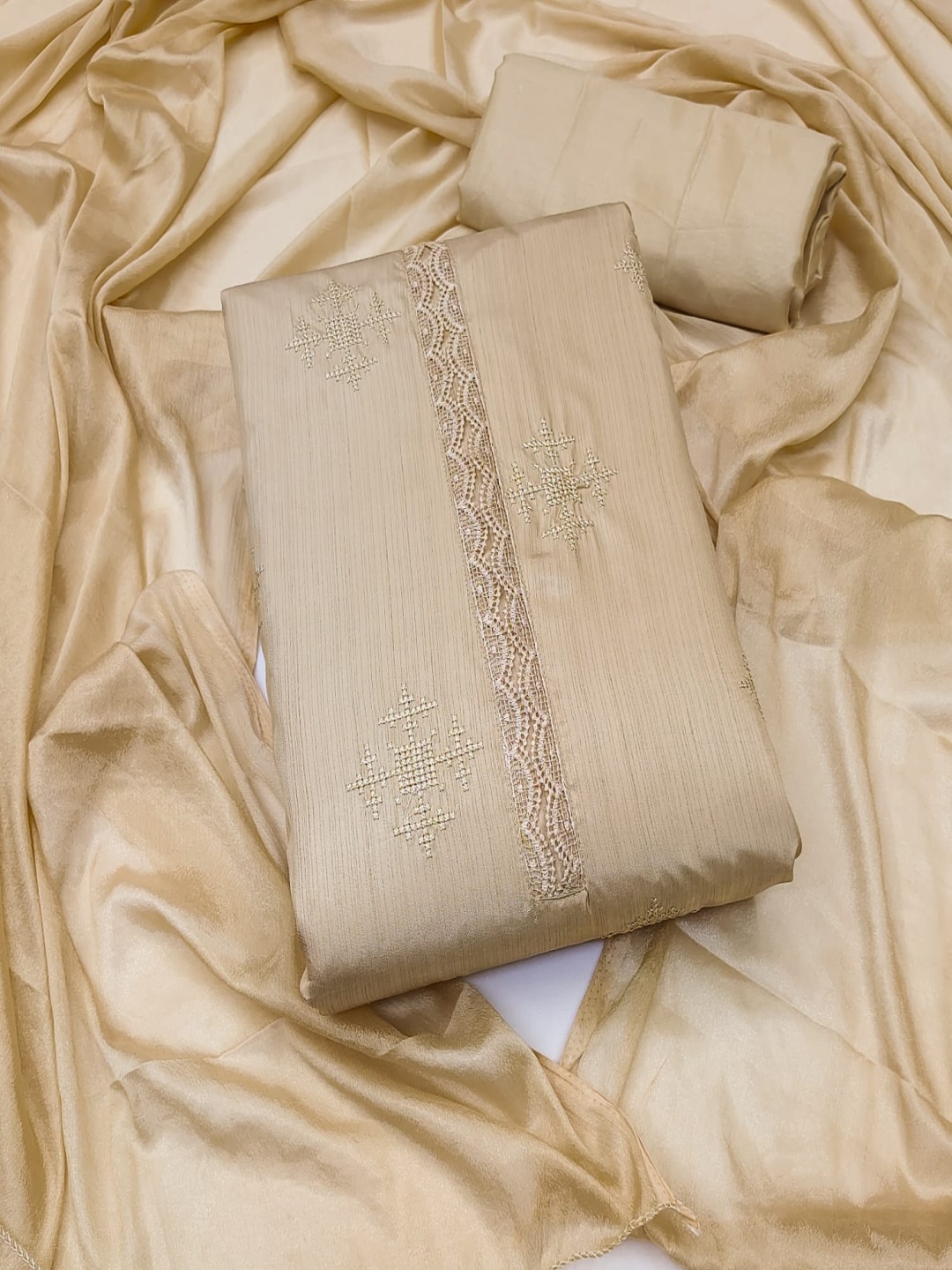 

Rangtulika Embroidered Thread Work Unstitched Dress Material, Cream
