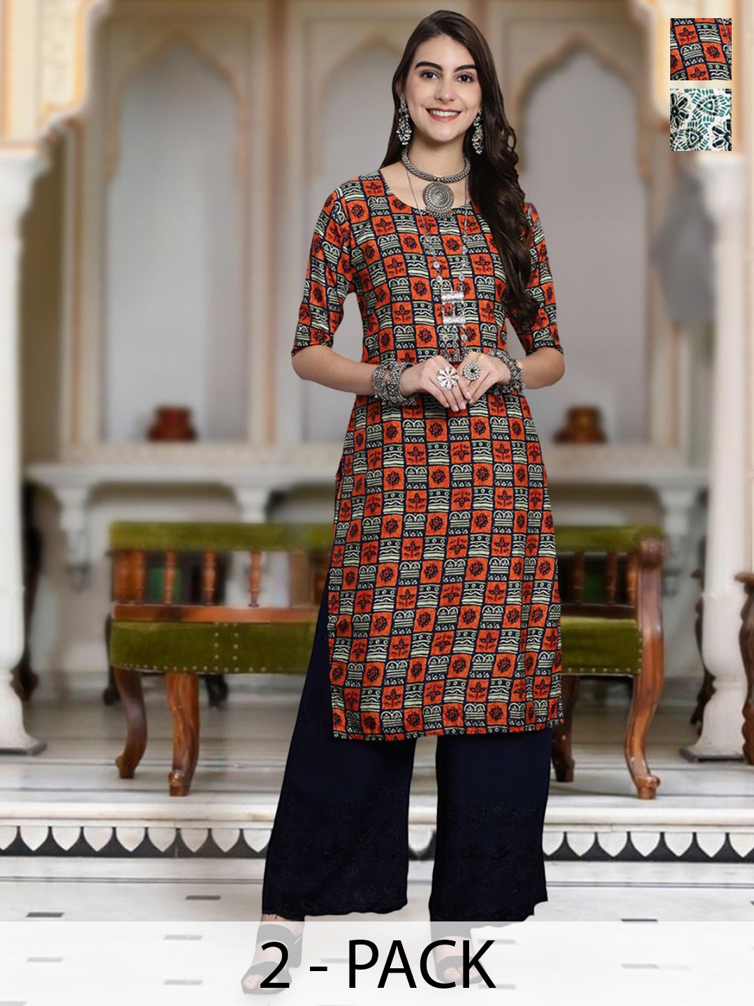 

Moda Rapido Selection Of 2 Geometric Printed Round Neck Straight Kurta, Red