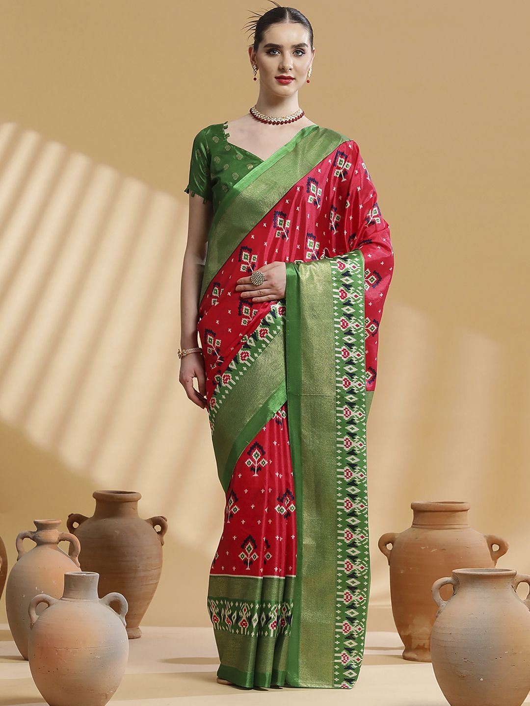 

Mitera Silk Blend Ikat Saree, Red