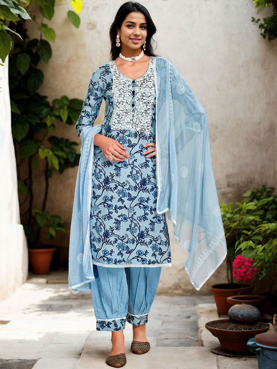 

Anouk Women Floral Embroidered Regular Thread Work Pure Cotton Kurta with Harem Pants & With Dupatta, Blue