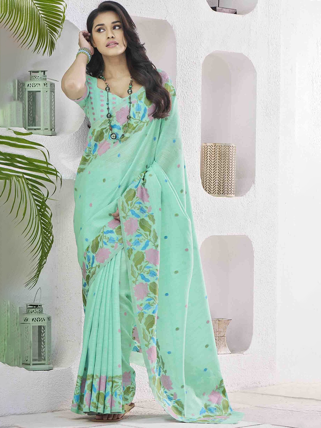 

Blissta Woven Design Linen Blend Saree, Sea green