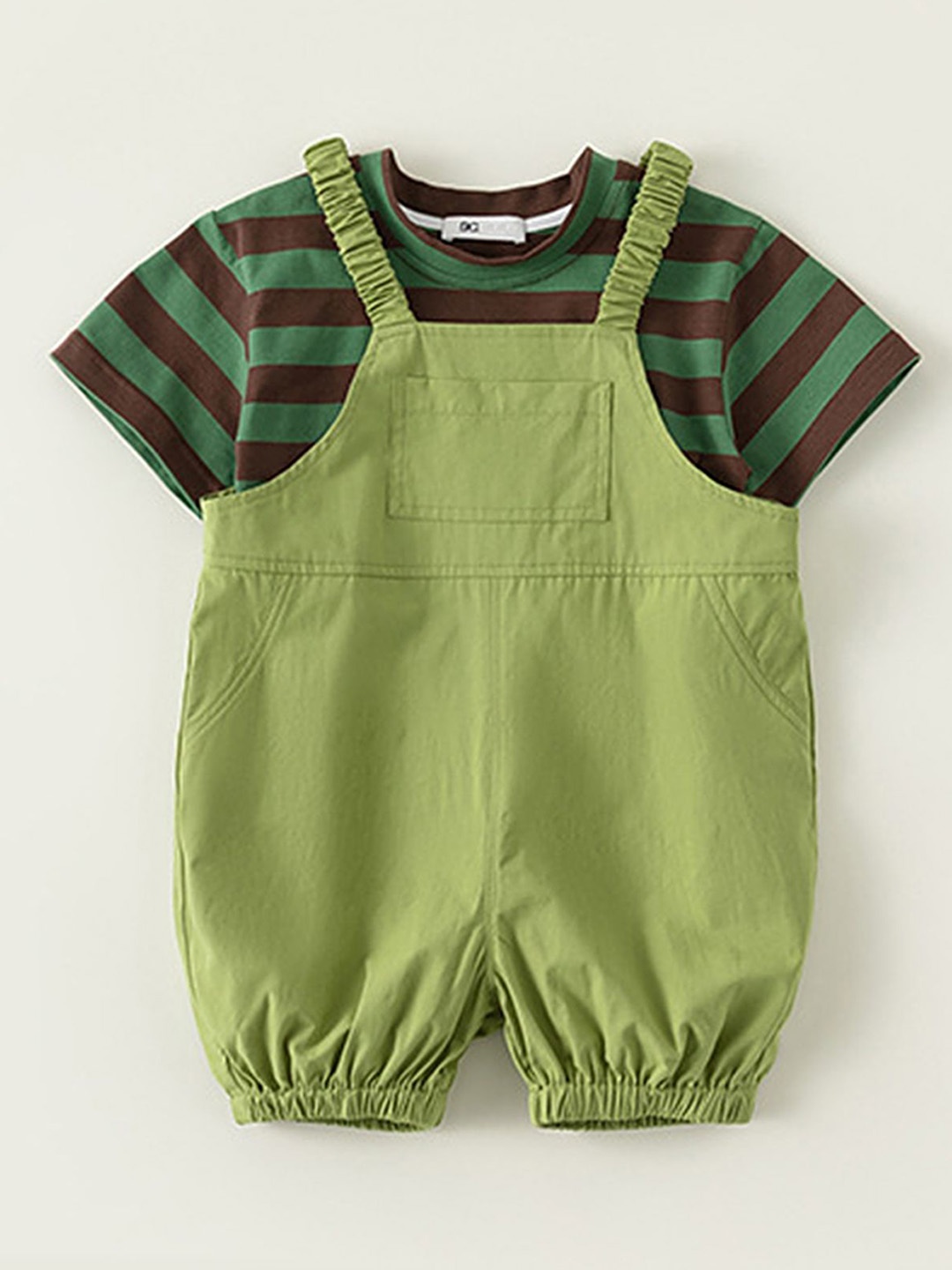 

LULU & SKY Kids Printed Striped Cotton Dungaree With T-Shirt, Green