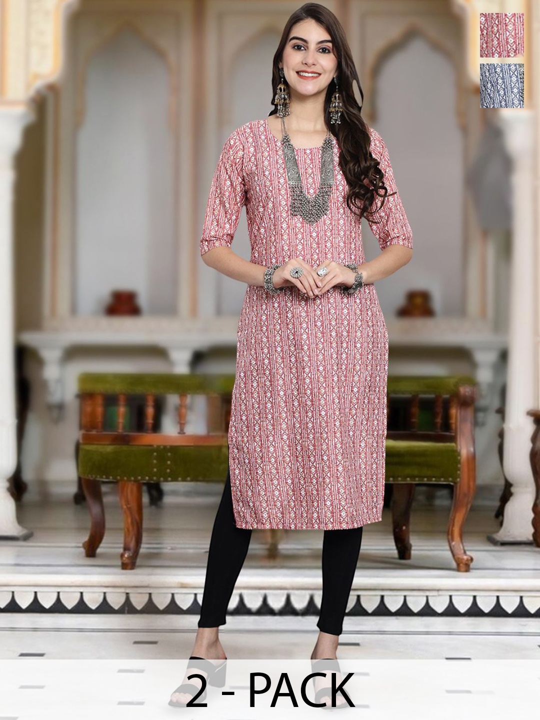 

Moda Rapido Selection Of 2 Geometric Printed Round Neck Straight Kurta, Red