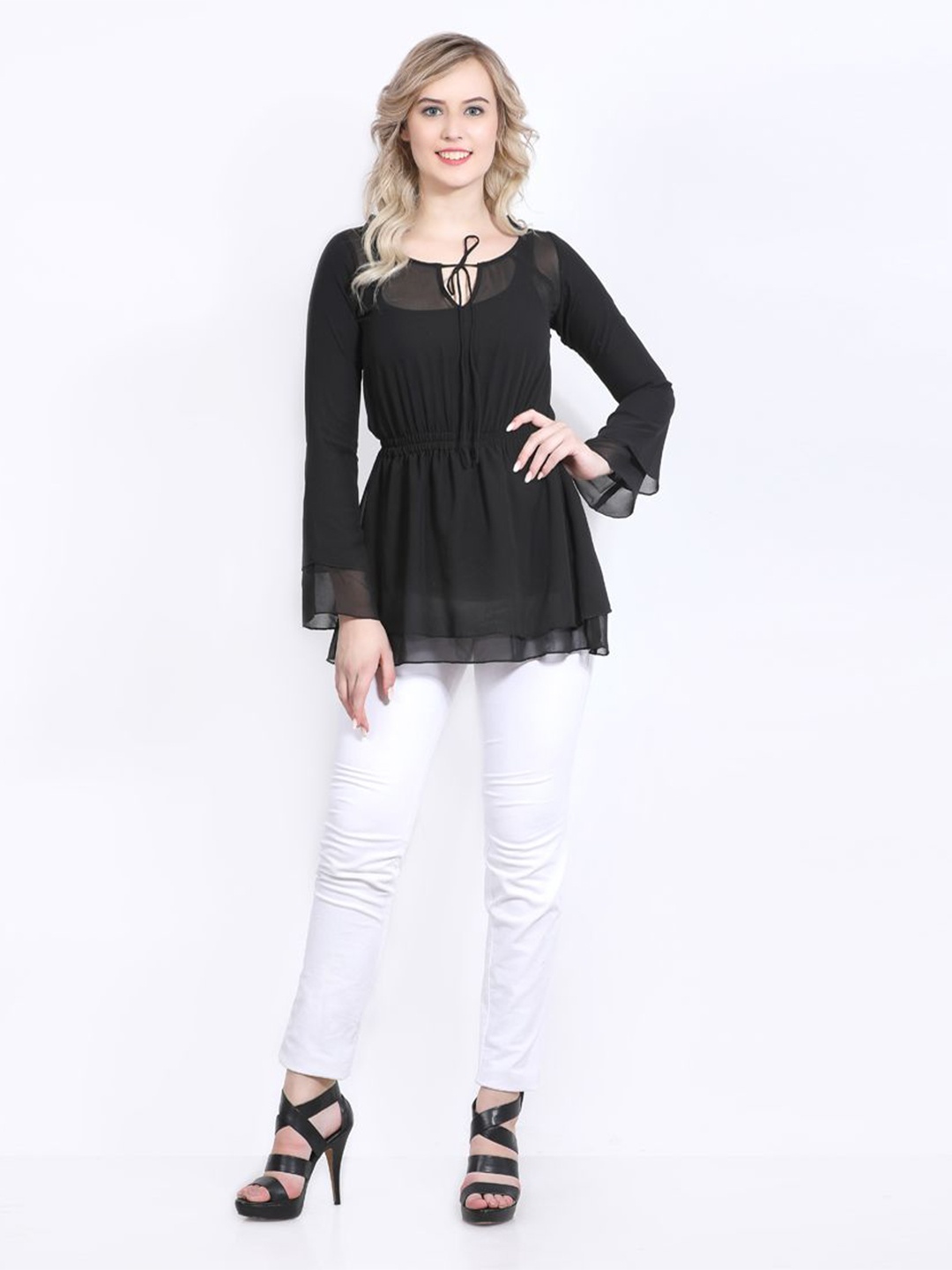 

DELIS Tie-Up Neck Bell Sleeve Monochrome Georgette Top, Black