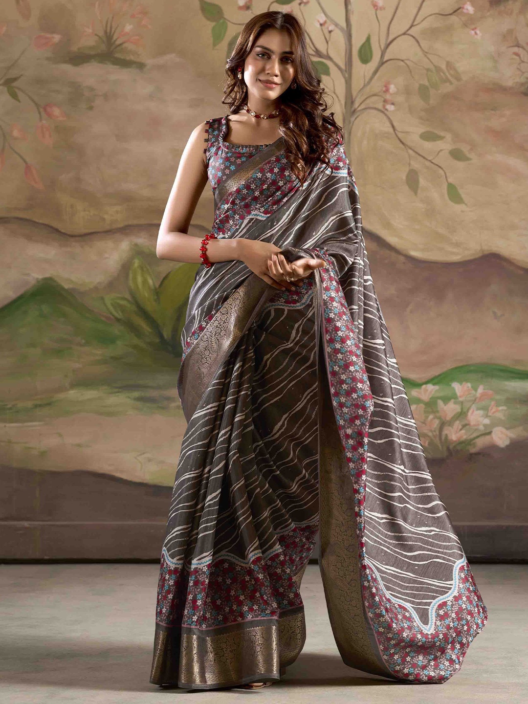 

KIMISHA Floral Zari Silk Blend Saree, Grey