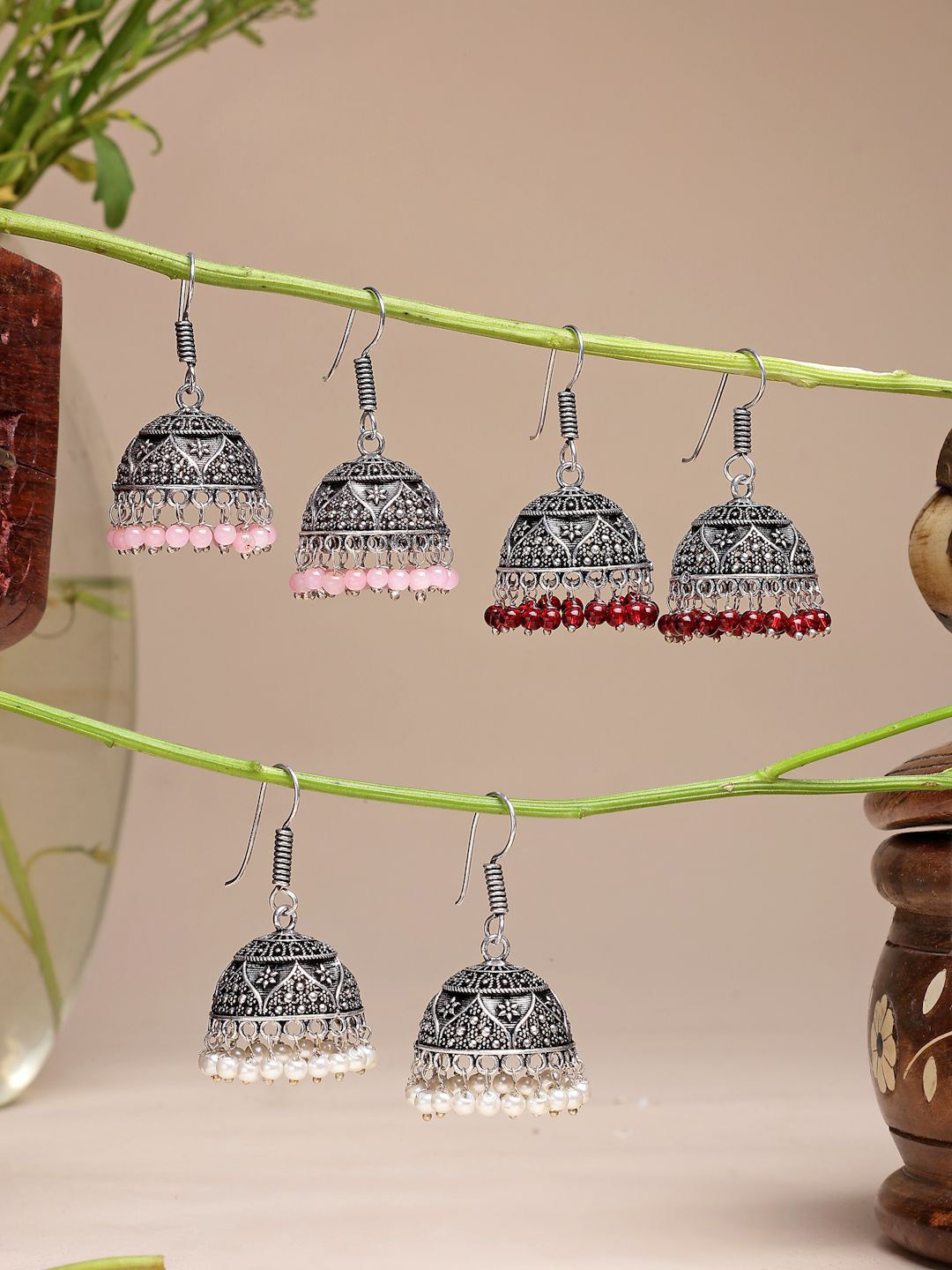 

NVR Women Set of 3 German Silver Oxidised Silver Plated Artificial Beads Jhumka Earrings