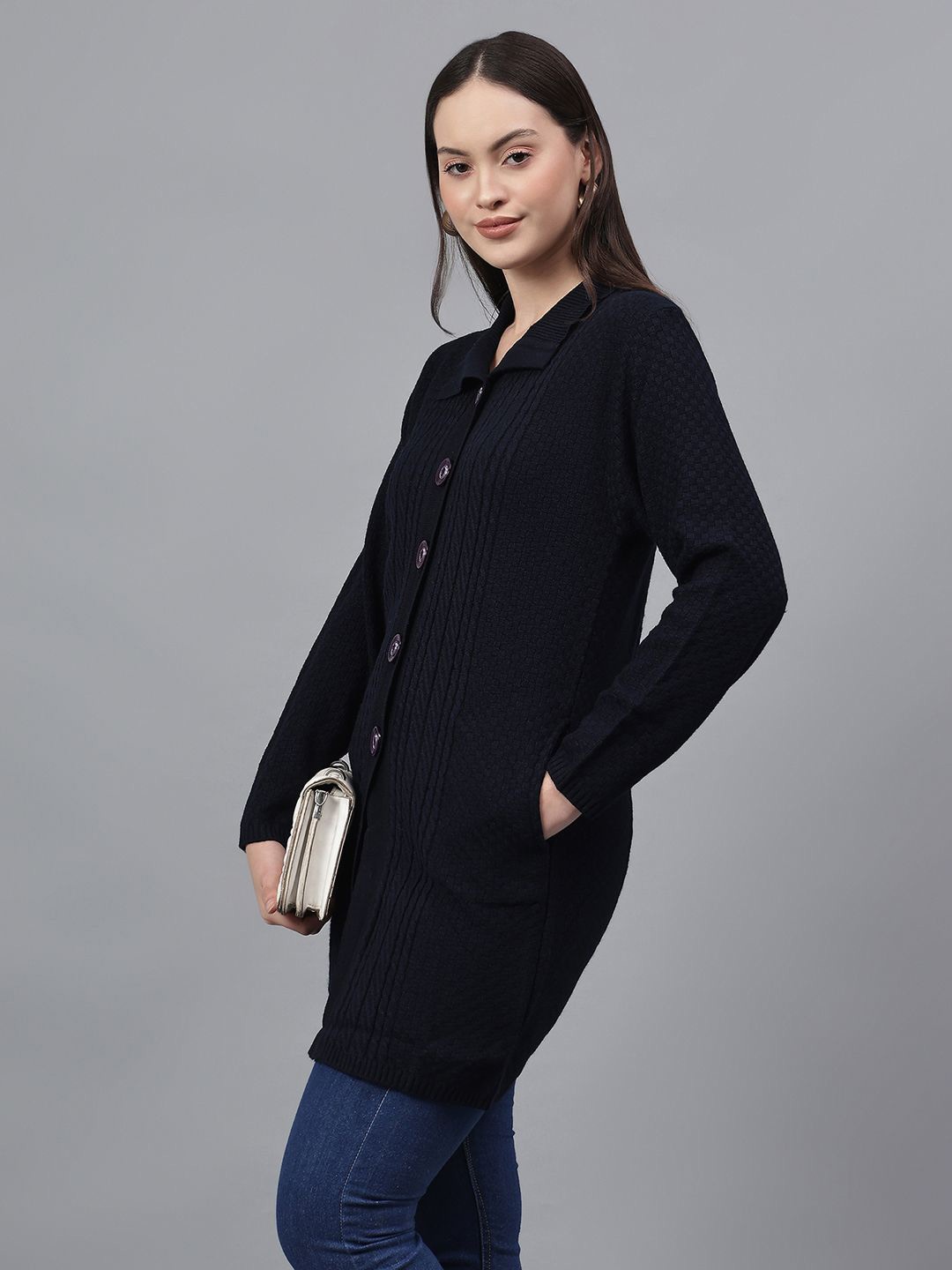 

Cantabil Women Cable Knit Longline Cardigan, Navy blue
