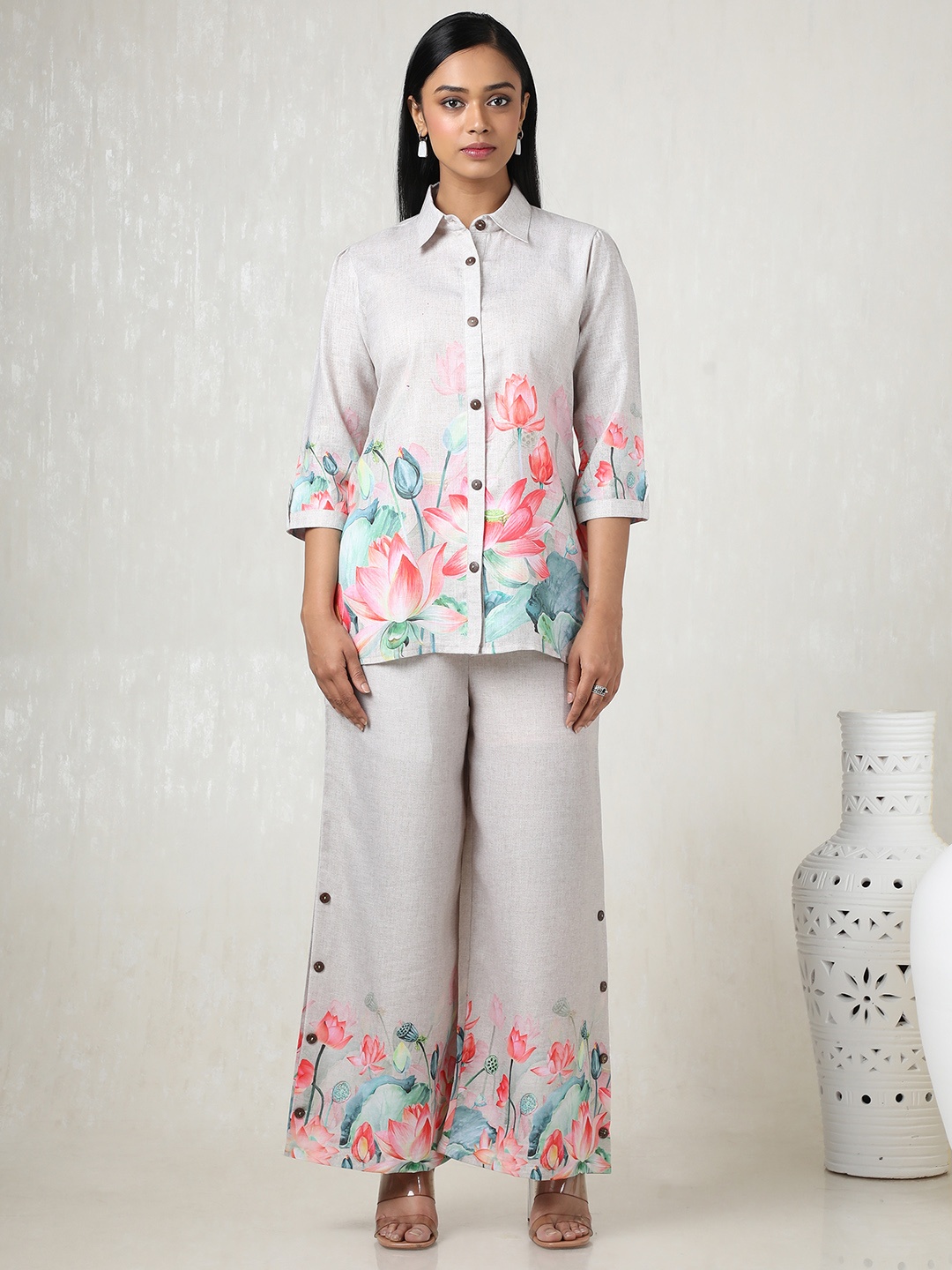 

Soch Women Floral Printed Angrakha Linen Kurta with Palazzos, Beige