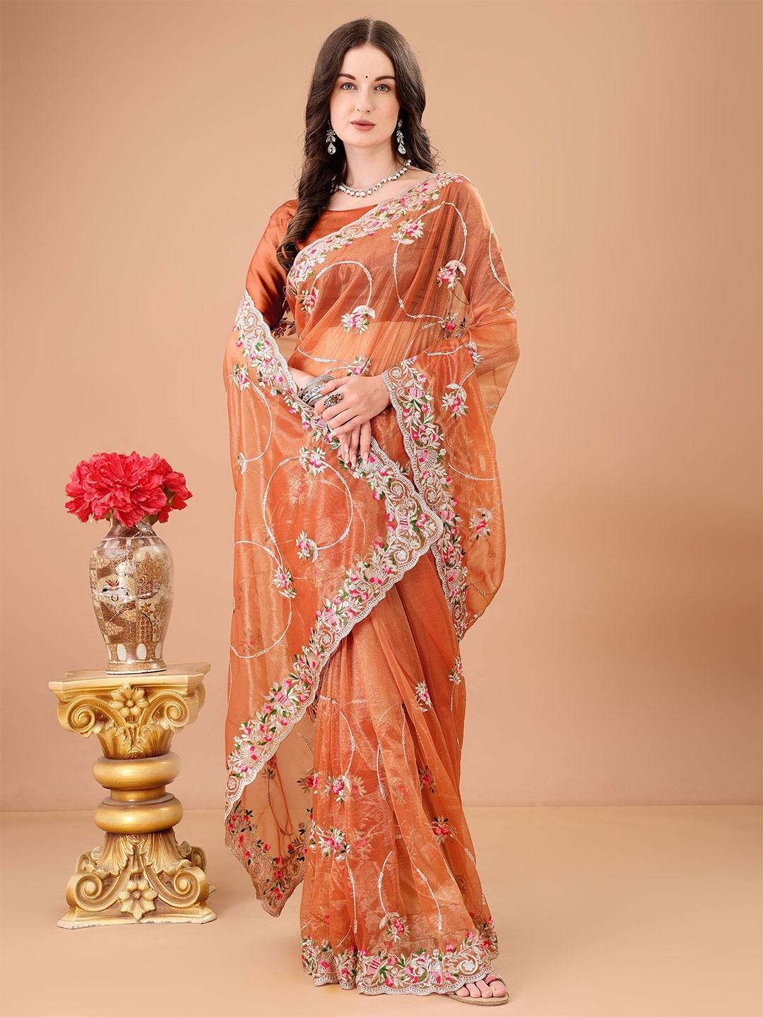 

devkison Designer Floral Embroidered Net Saree, Orange