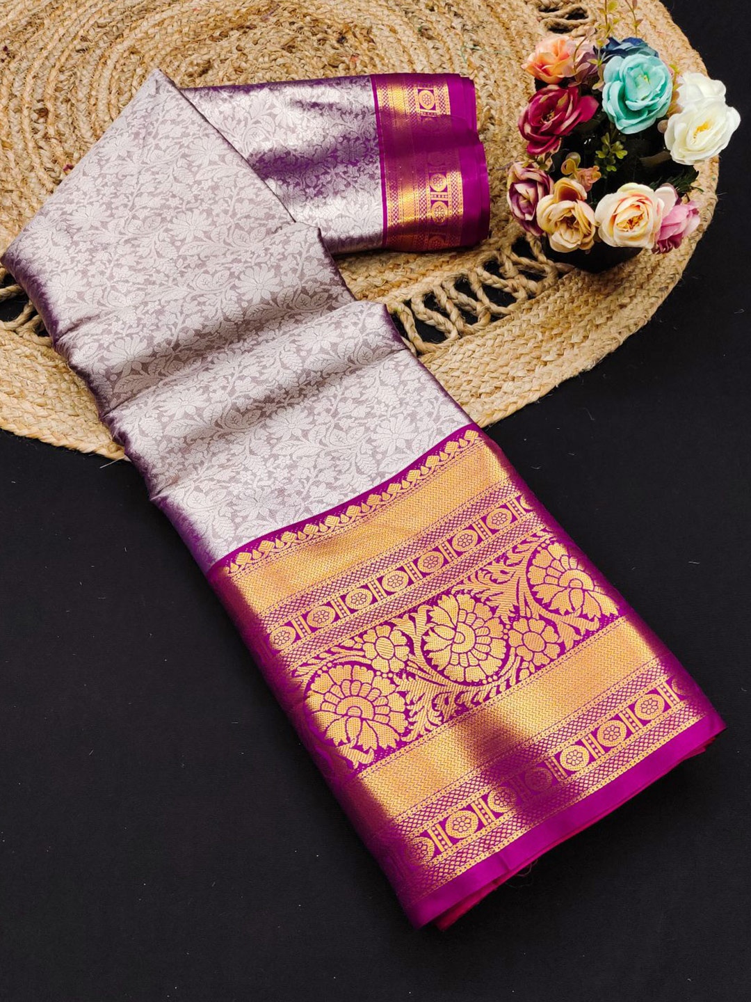 

yourwish Floral Zari Pure Silk Kanjeevaram Saree, Purple