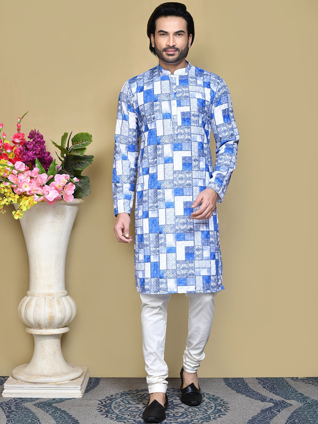 

RANAK Men Printed Regular Pure Cotton Kurta with Pyjamas, Blue