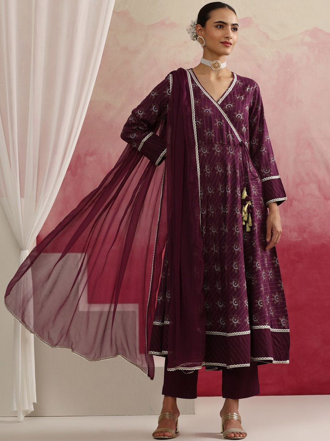 

Khushal K Women Floral Printed Angrakha Kurta with Palazzos & With Dupatta, Purple