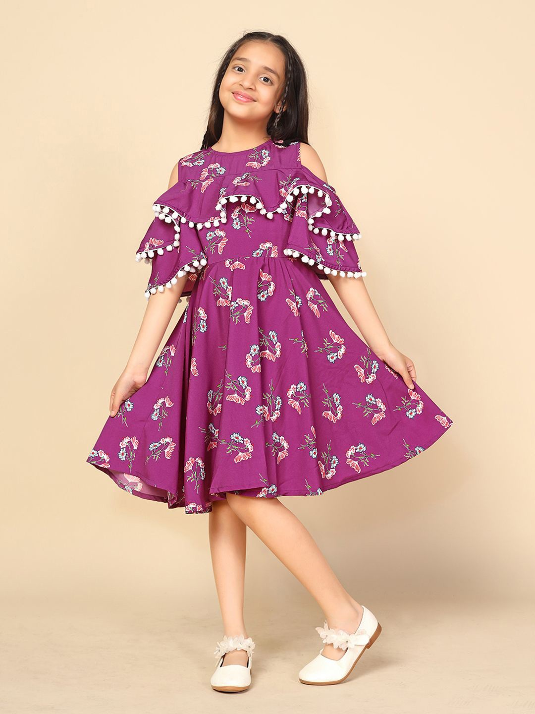 

BAESD Floral Print Cold-Shoulder Crepe Fit & Flare Dress, Purple
