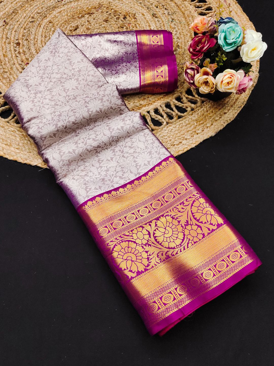 

SILKWEAR Woven Design Zari Pure Silk Kanjeevaram Saree, Purple