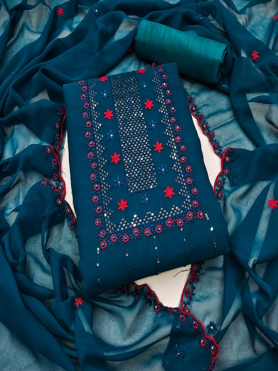 

Rangtulika Ethnics Sequinned Embroidered Georgette Unstitched Dress Material, Blue