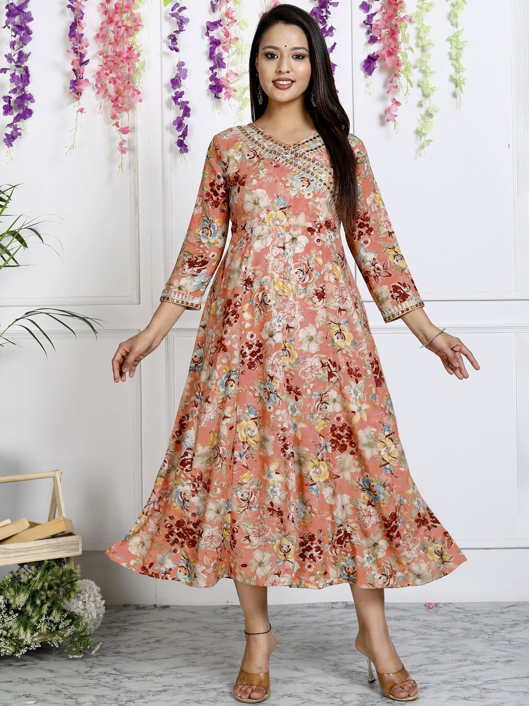 

ASANSHI Floral Printed Anarkali Kurta, Peach