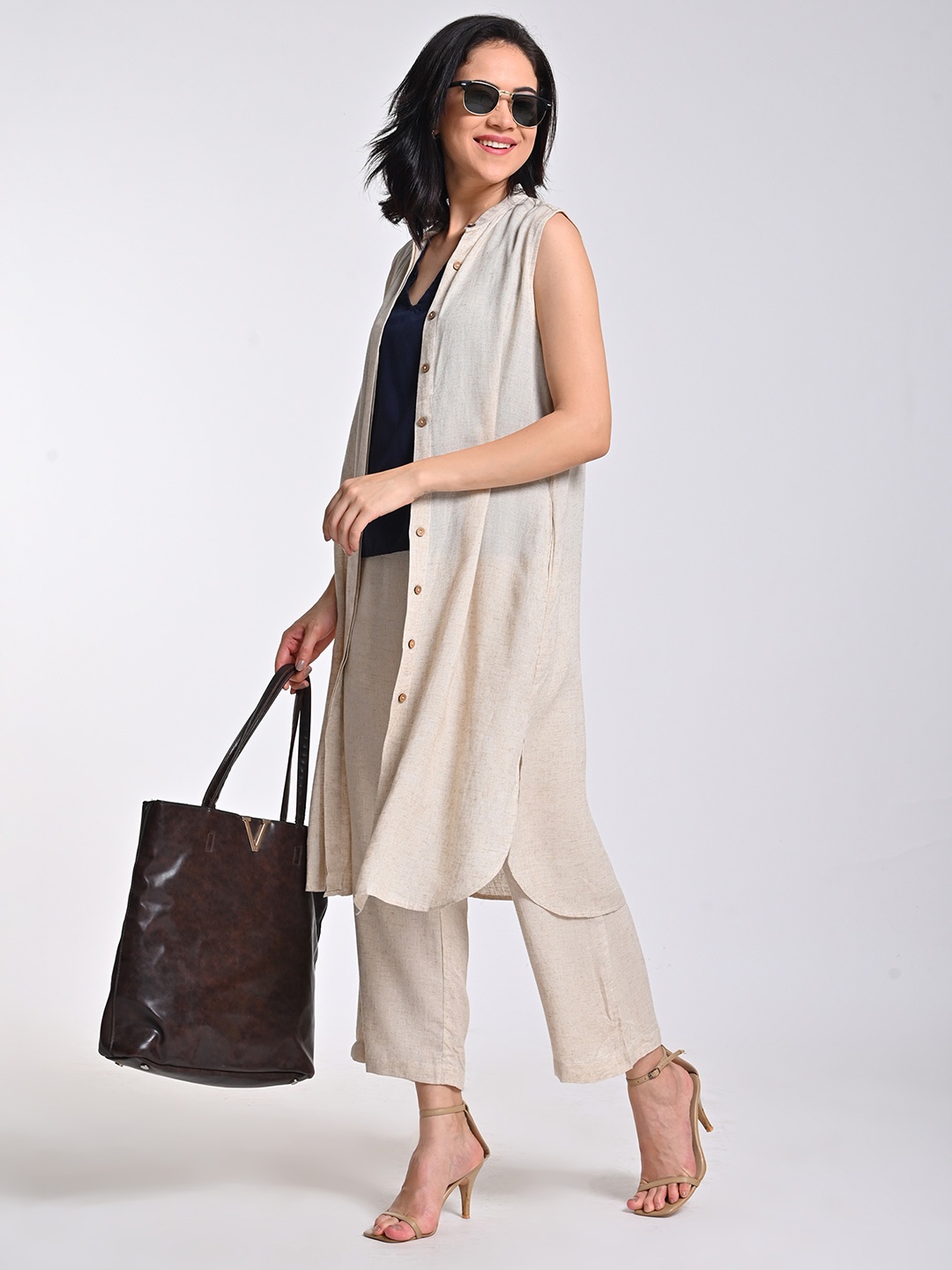 

Saltpetre Modal Band Collar Overlay With V-Neck Top & Pant Co-Ord Set, Beige