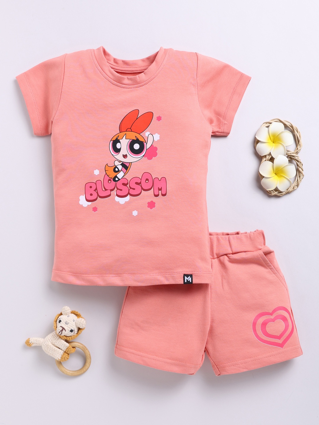 

YK X Minute Mirth Girls PowerPuff Printed Pure Cotton T-shirt with Shorts, Peach
