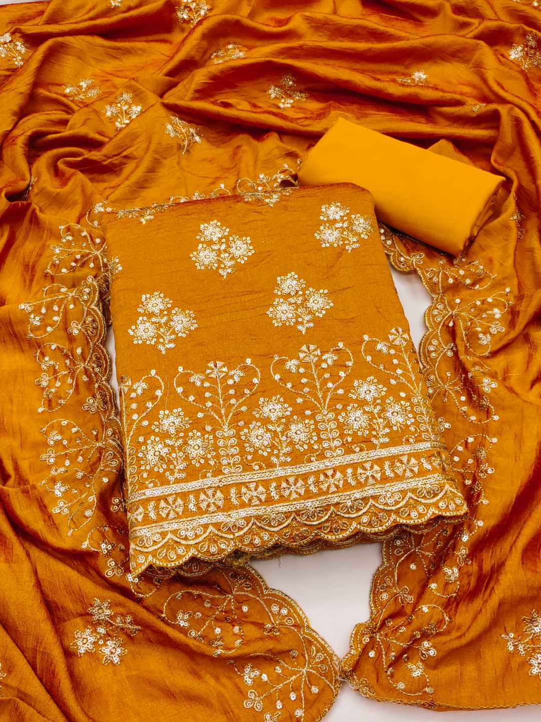 

SWARNGANGA TEX Floral Embroidered Sequinned Georgette Unstitched Dress Material, Yellow