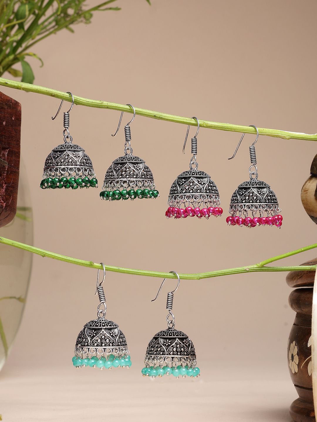 

NVR Women Set Of 3 German Silver Oxidised Silver Plated Artificial Beads Jhumka Earrings