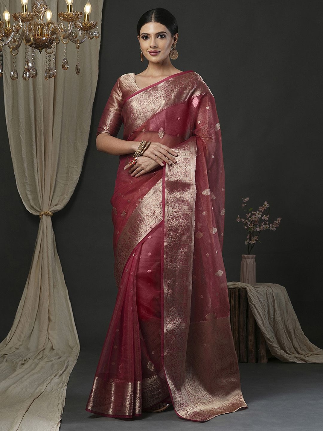 

Mitera Ethnic Motifs Zari Organza Banarasi Saree, Rust