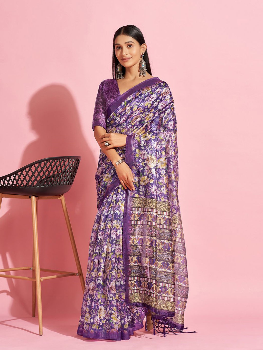 

Mitera Floral Organza Saree, Purple