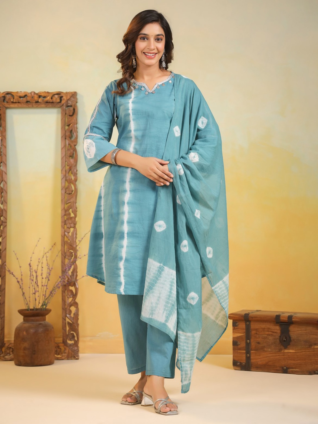 

AUTUMN LANE Geometric Printed Notch Neck Pure Cotton A-Line Kurta With Trouser & Dupatta, Teal