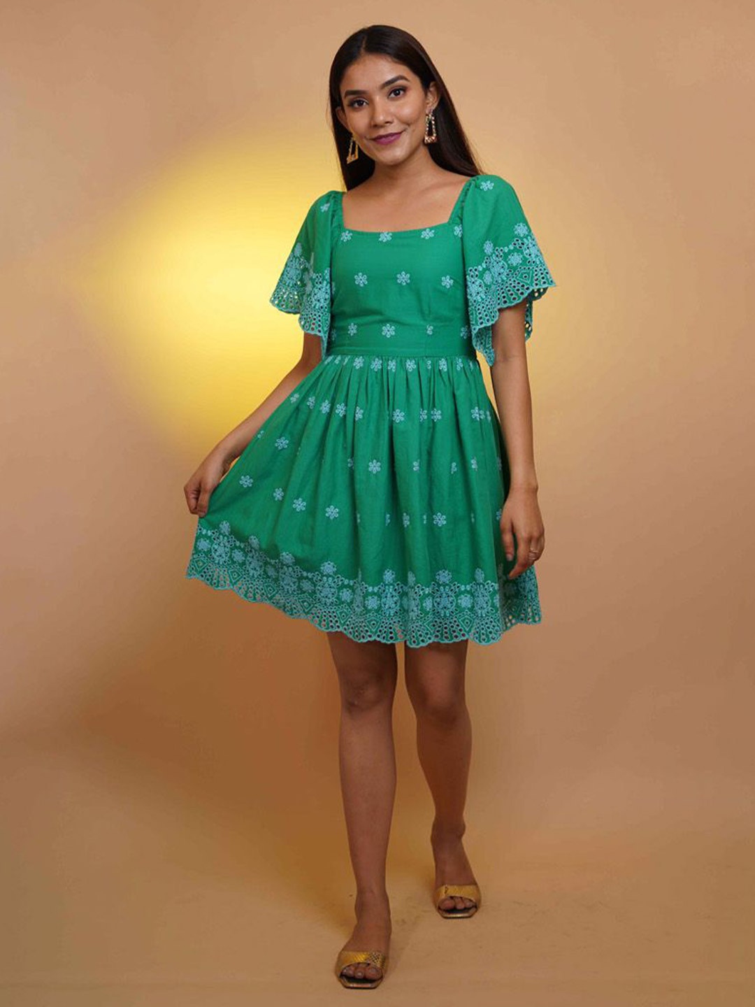 

Shades of Sabi Floral Print Fit & Flare Mini Dress, Green