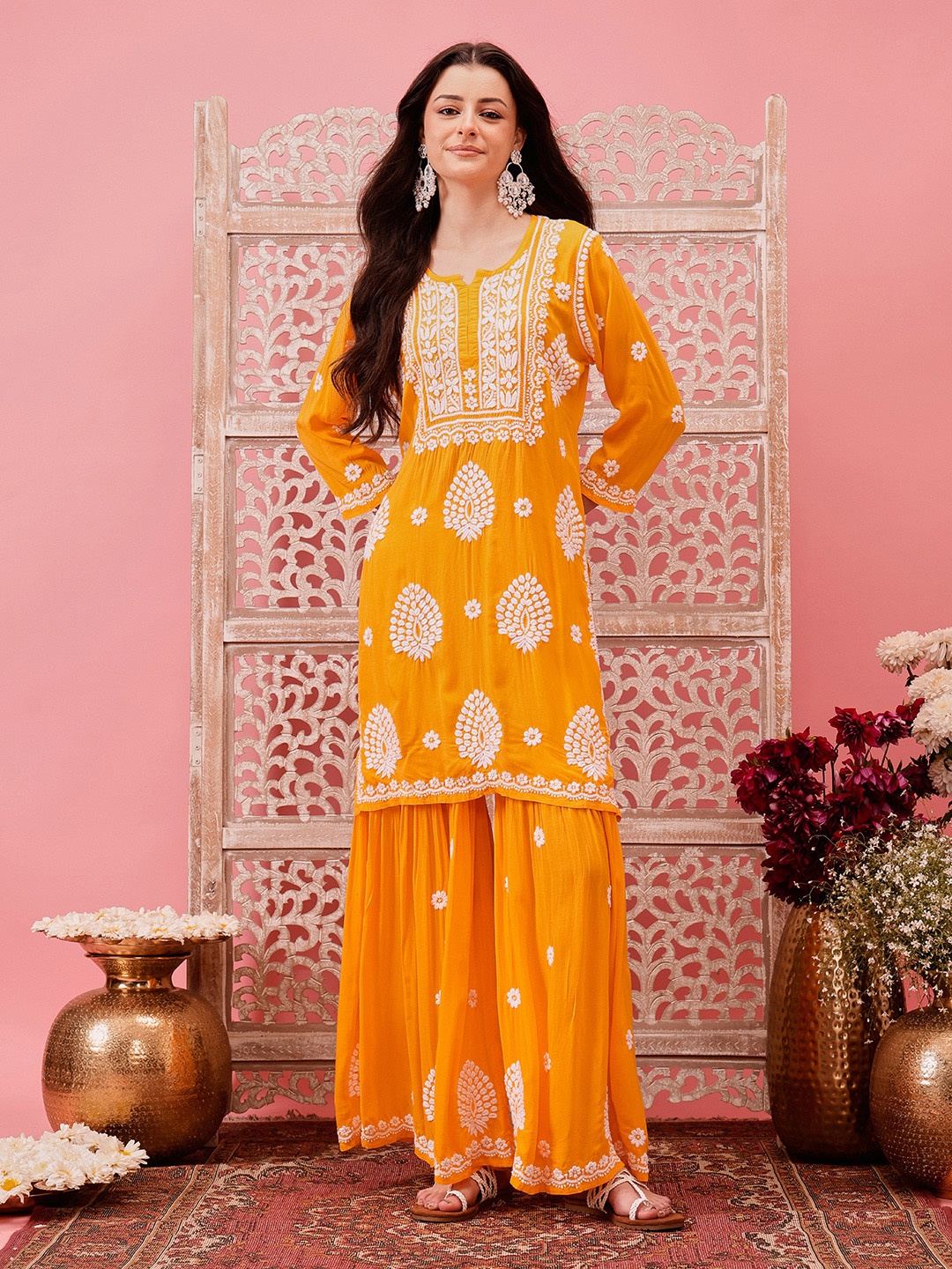 

ADA Women Ethnic Motifs Embroidered Regular Chikankari Kurti with Sharara, Yellow