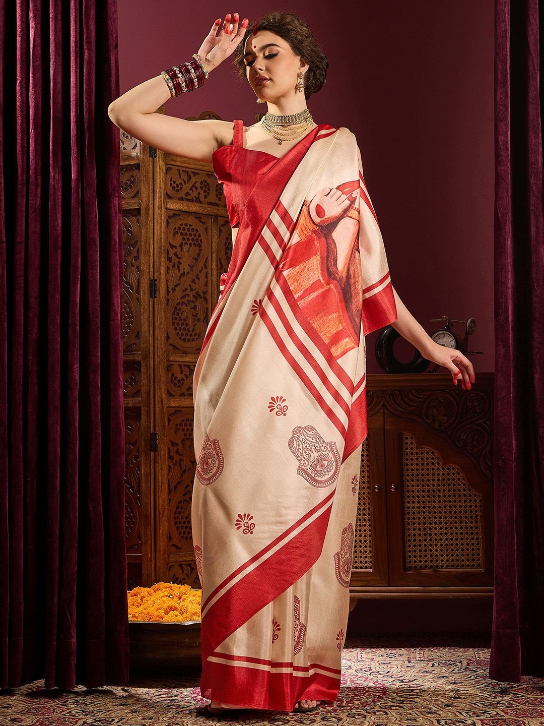 

Mitera Ethnic Motifs Silk Blend Garad Saree, Off white