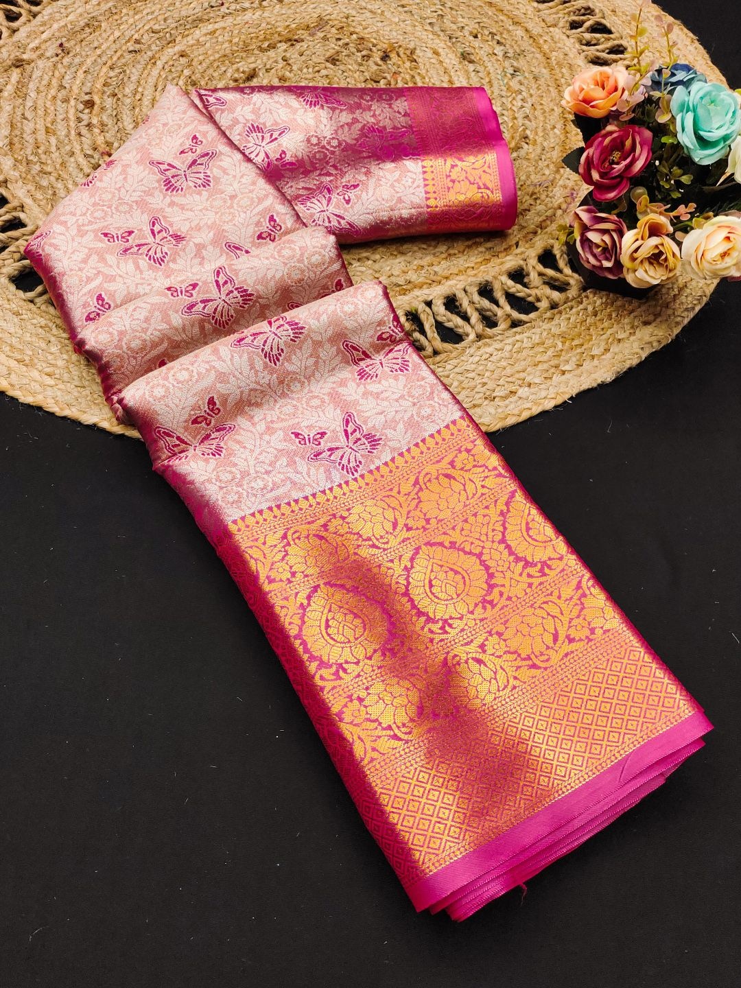 

yourwish Woven Design Zari Pure Silk Kanjeevaram Saree, Pink