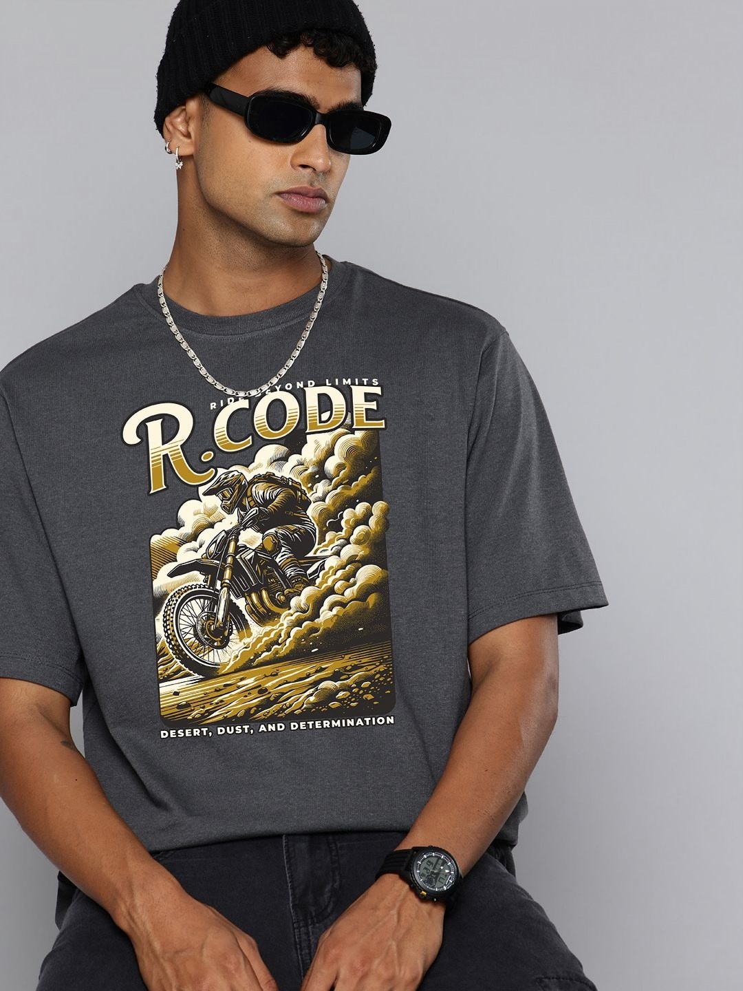 

R.Code by The Roadster Life Co. Men Printed Raw Edge T-shirt, Steel